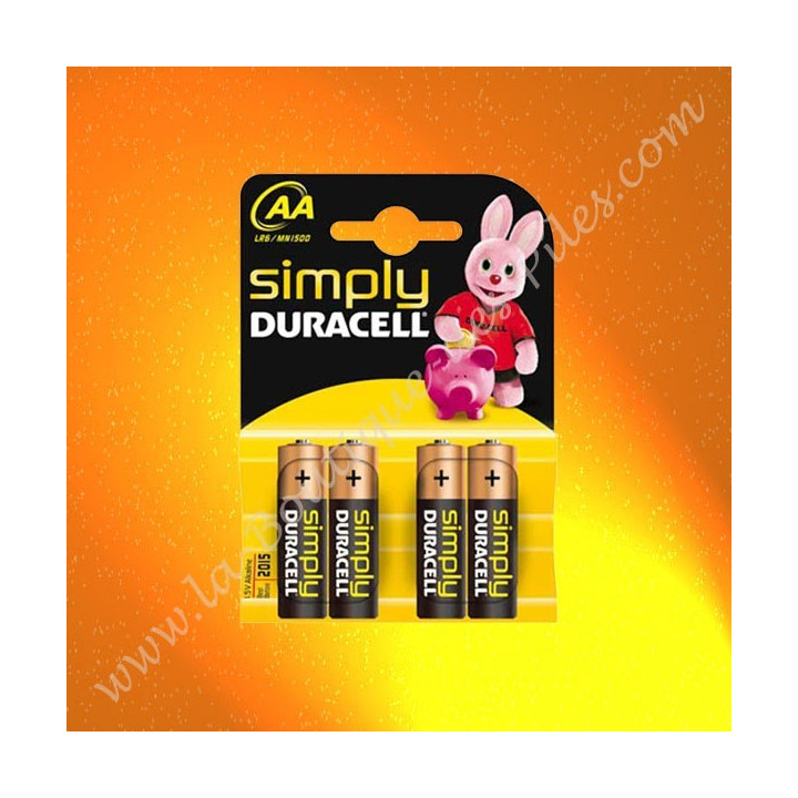 Pile alcaline LR06 AA simply Duracell, Pile simply 1,5 volts, blister de 4 piles simply Duracell